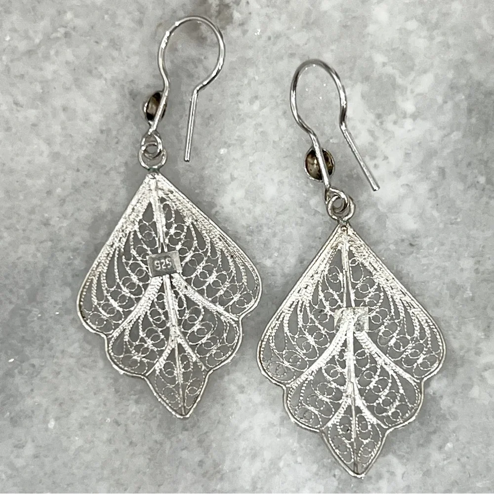 Sterling Silver Filigree Dangle Leaf Earrings - Picture 7 of 9